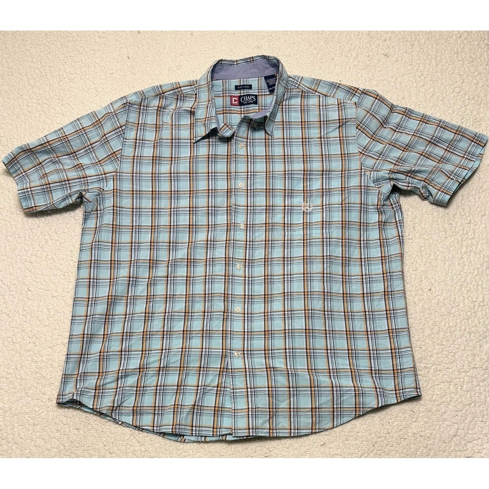 Chaps Mens Plaid Button Up Shirt XXL Blue Orange Easy Care Short Sleeve Pocket
